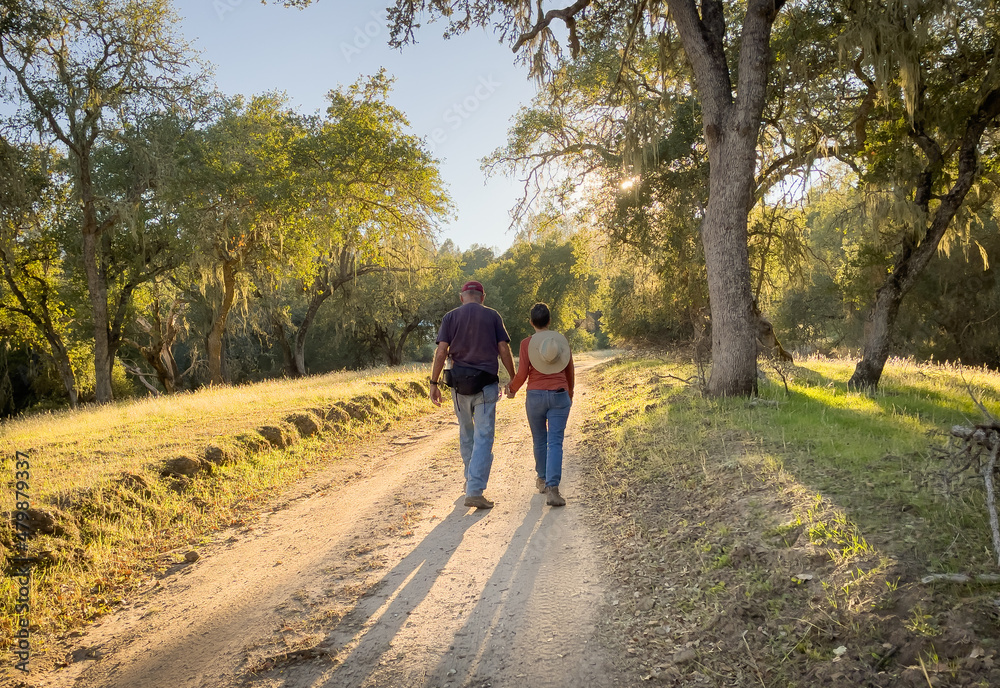 Male and female couple walking together holding hands on romantic stroll on dirt path into the sunset through the oak trees, casting long shadows Male and female couple walking together holding hands on romantic stroll on dirt path into the sunset through the oak trees, casting long shadows