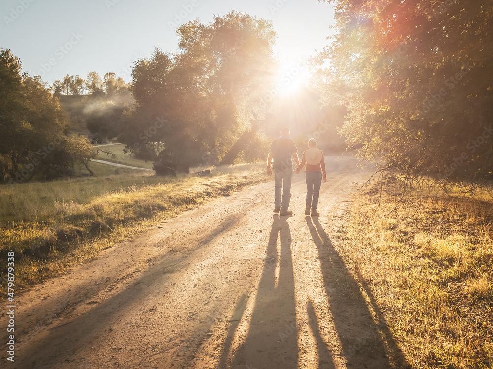 Romantic male and female couple walking hand-in-hand on dirt road with sunlight flooding through trees. Couple in romantic stroll into sunset. Romantic male and female couple walking hand-in-hand on dirt road with sunlight flooding through trees. Couple in romantic stroll into sunset.