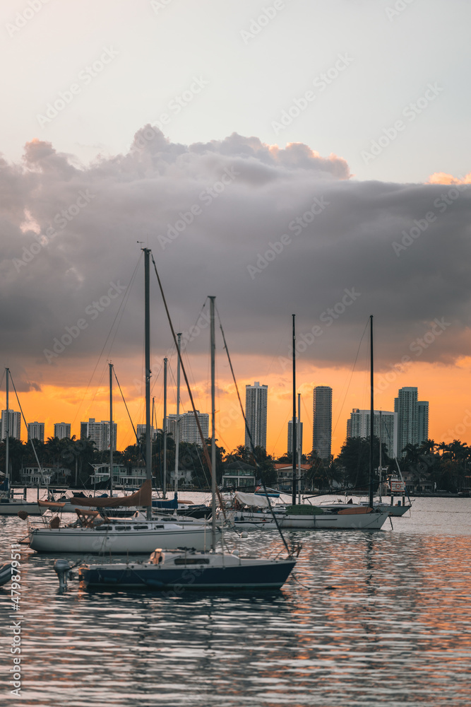 sunset over the sea marina boats sky clouds panorama miami city florida 