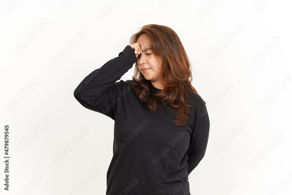 Headache Gesture Of Beautiful Asian Woman Wearing Black Shirt Isolated On White Background Headache Gesture Of Beautiful Asian Woman Wearing Black Shirt Isolated On White Background