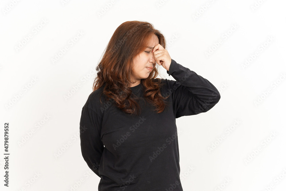Headache Gesture Of Beautiful Asian Woman Wearing Black Shirt Isolated On White Background Headache Gesture Of Beautiful Asian Woman Wearing Black Shirt Isolated On White Background