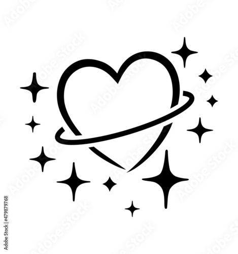 Black vector heart planet tattoo silhouette sign with twinkling bright sparkles shining stars icons stencil.Love symbol.Space.Magic.Plotter laser cutting.Icon. Cricut. Valentine s day.Wedding.DIY cut.