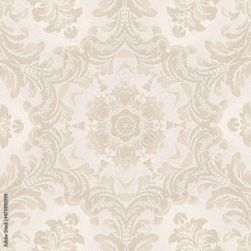 Beige damask wallpaper texture. Symmetric pattern. 