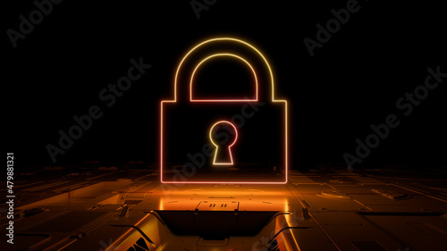 Orange and Yellow Security Technology Concept with lock symbol as a neon light. Vibrant colored icon, on a black background with high tech floor. 3D Render photo