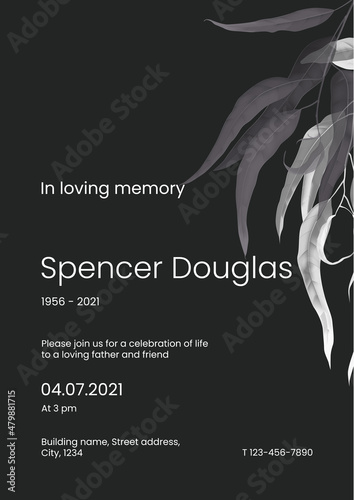 Modern memorial and funeral invitation card template design, dark green decorated with eucalyptus leaves