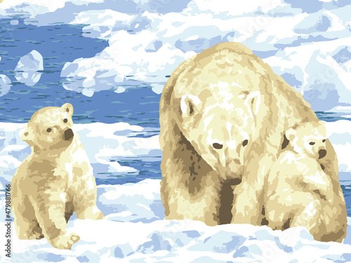 family of bears in the melting arctic, seamless repeat design.