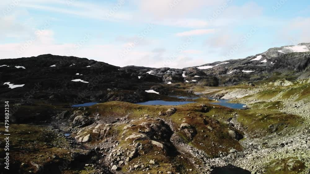 Uprising droneshot of a huge lake between green mountains in norway, 4k aerial Uprising droneshot of a huge lake between green mountains in norway, 4k aerial