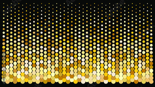 Gold glitter halftone on black background. Random gold color gradient.