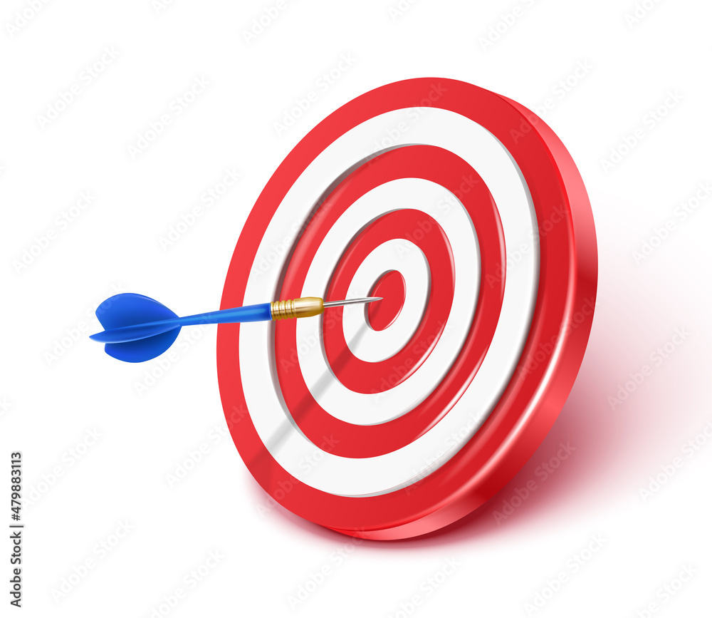 3d realistic icon. Isolated on white background red darts target and blue arrow. 3d realistic icon. Isolated on white background red darts target and blue arrow.