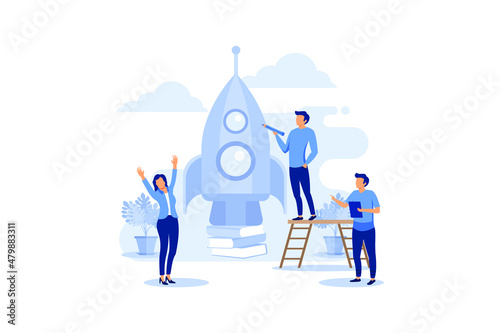 people are building a spaceship rocket. cohesive teamwork in the startup flat vector illustration 