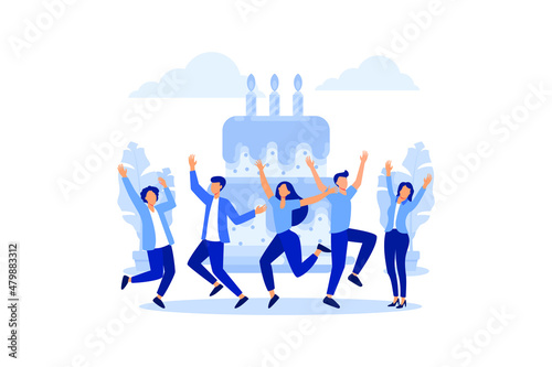 little people celebrate corporate at work standing near a big cake, organize solemn events, catering agency, marketing agency. flat vector illustration 