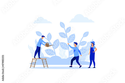 small people prepare for the holiday, save the planet from pollution, grow a plant, World Environment Day, Bio Technology flat vector illustration 