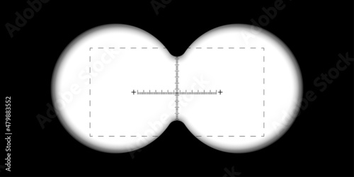 Binoculars view sign. Focus target. Spy concept. Circle silhouette. Black background. Vector illustration. Stock image.