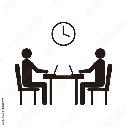 Two people working with laptops silhouette icon. Coworking zone. Office job.