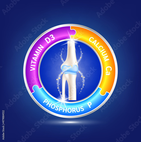 label aluminum healthy bone human bone anatomy. Vitamin D3 and Calcium, Phosphorus. Foods vitamins minerals logo products template design. Medical food supplement concepts. 3D Realistic Vector EPS10.