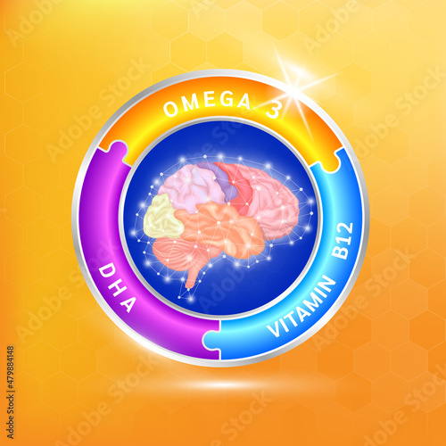 label aluminum round shape healthy brain human. Fish oil omega 3, DHA and Vitamin B12. Foods vitamins minerals logo products template design. Medical food supplement concepts. 3D Vector EPS10.