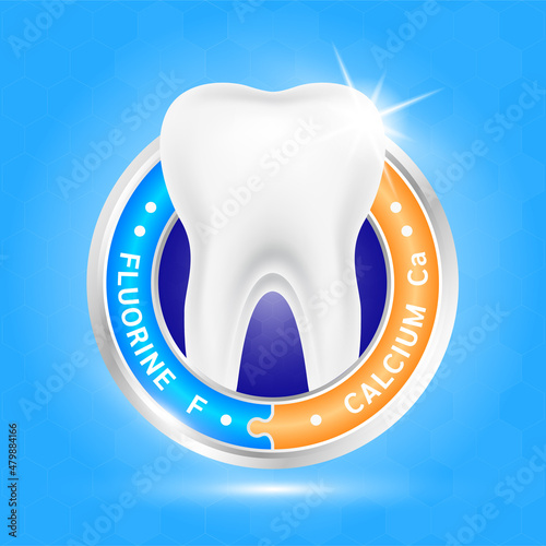 label aluminum healthy tooth. Teeth healthy sparkling white with calcium fluorine. Can be used in children dentist clinic. Medical health and dentistry concept. Vector EPS10.