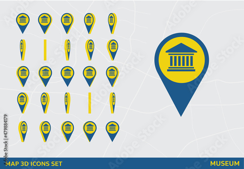 Maps 3D Icon Set Rotation Museum Vector Illustration