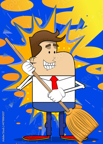 Simple retro cartoon of a businessman holding a broom. Professional finance employee white wearing shirt with red tie.