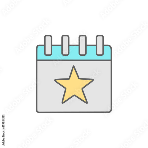 Calendar with star icon in flat style isolated on grey background