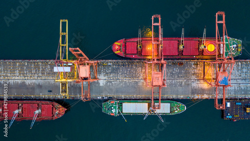 Konstfotografi Aerial view bulk carrier dock, Global business import export logistic and transportation company, Commercial dock container cargo vessel freight shipping worldwide