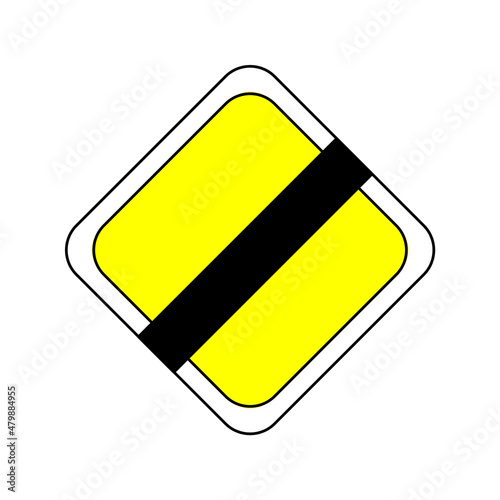 End of priority road. Regulatory sign. Yellow rhomb shaped. Road traffic. Flat icon. Vector illustration. Stock image. 