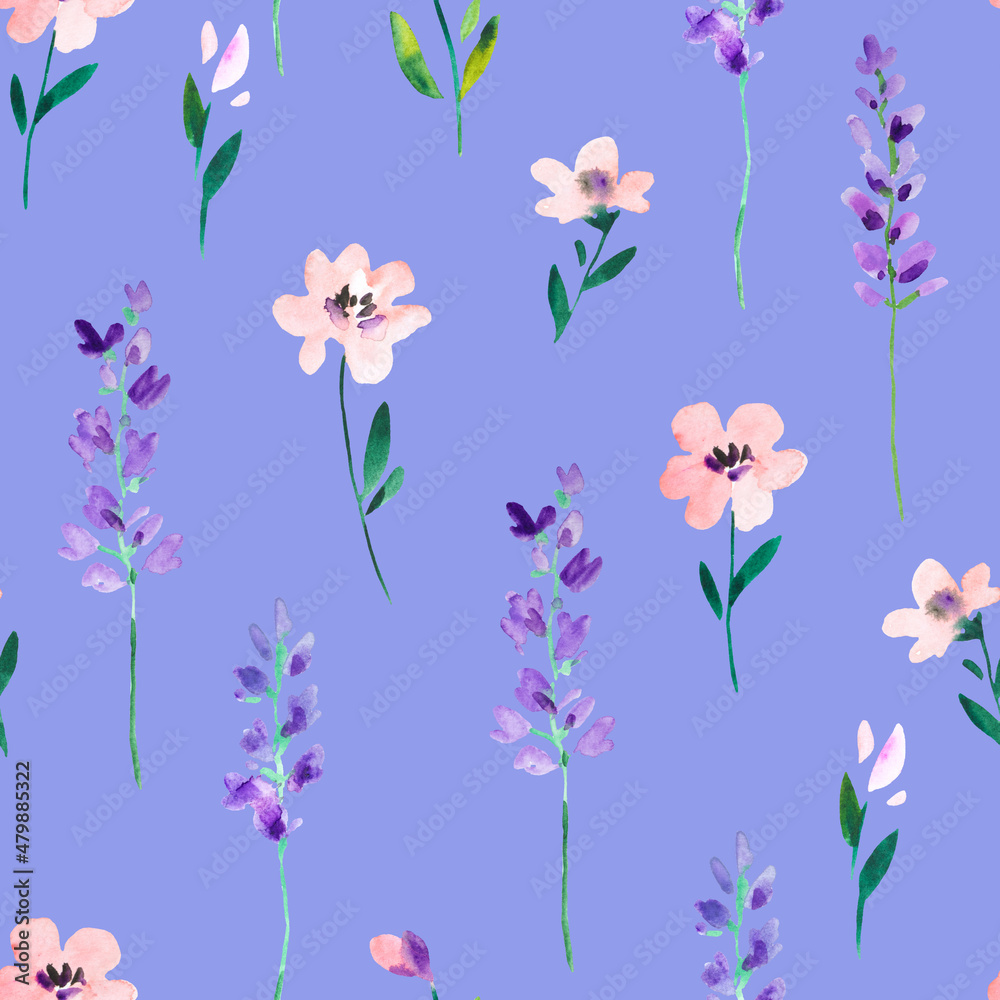 Watercolor seamless pattern with wild meadow flowers and lavender branches. Original hand drawn nature print for decor and textile design.