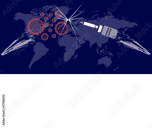 Illustration, virus red, with syringe and vaccine bottle, clash, dark blue background, faded white country map.