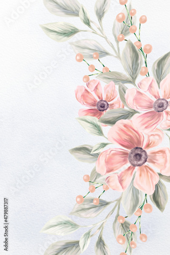 Fototapeta Naklejka Na Ścianę i Meble -  Spring flowers. Greeting card design. Botanical decoration for wedding invitations. Arrangement of pink and white wildflowers.