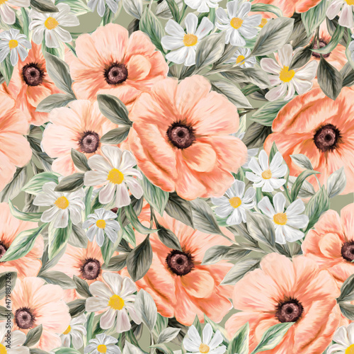 Spring flowers seamless pattern. Botanical background. Arrangement of pink and white wildflowers.