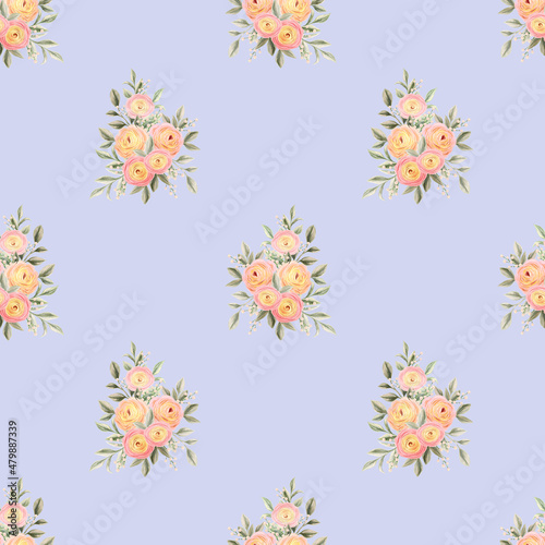 Spring flowers seamless pattern. Botanical background. Arrangement of pink and white wildflowers.