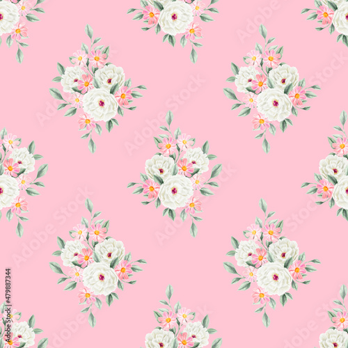 Spring flowers seamless pattern. Botanical background. Arrangement of pink and white wildflowers.