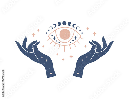 Witch hands with evil eye vector flat illustration. Hand drawn magic witchcraft third eye with moon phases. Occult symbol. For esoteric t-shirt print, mystical logo, boho poster.