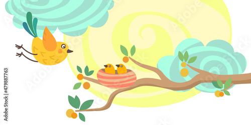 The mother bird flies to her children in the nest. Vector illustration, white background.