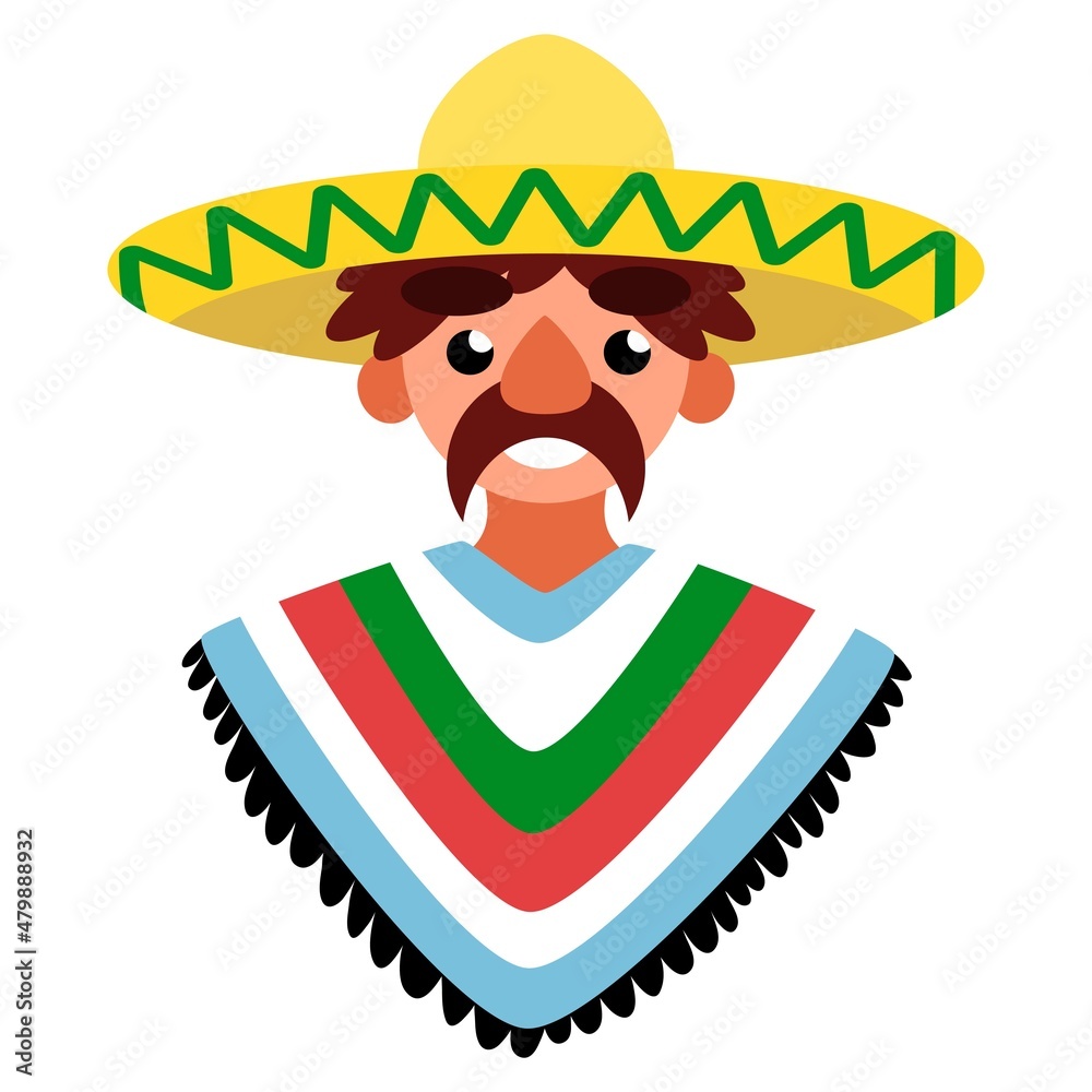 Happy cartoon Hispanic man with mustaches in traditional clothes flat vector. Funny Mexican man in sombrero and poncho portrait white isolated vector illustration