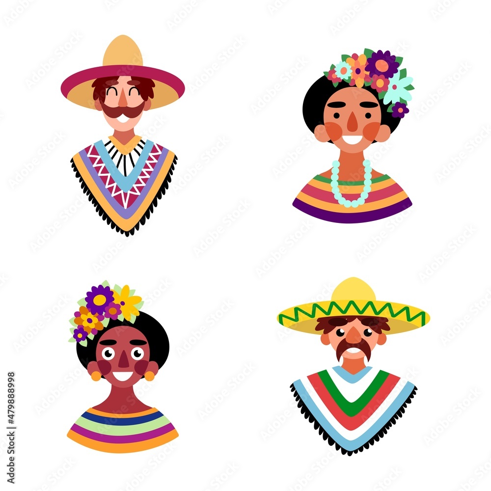 Four Hispanic cartoon people in traditional clothes white isolated ...