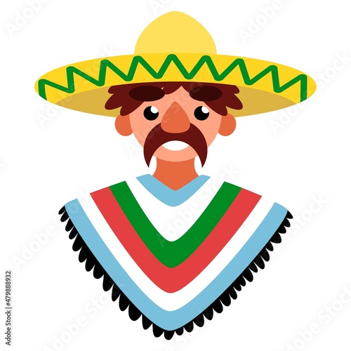 Happy cartoon Hispanic man with mustaches in traditional clothes flat vector. Funny Mexican man in sombrero and poncho portrait white isolated vector illustration