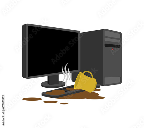 Cup of Coffee spilled computer. Spilled tea on keyboard. Spoiled PC