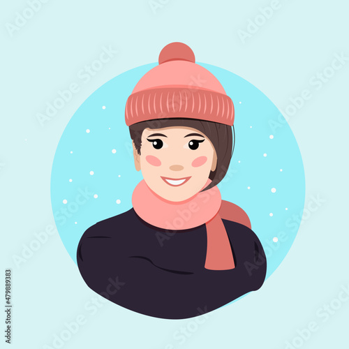 Winter avatar. Portrait of woman in hat and scarf, on blue background with snowflakes, inscribed in circle. Vector illustration in flat style