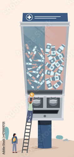 Illustration giant vending machine containing COIVD-19 vaccines needle  syringe shots in desert with man on ladder lifting a giant coin over his head to put into the slot and woman at bottom waiting