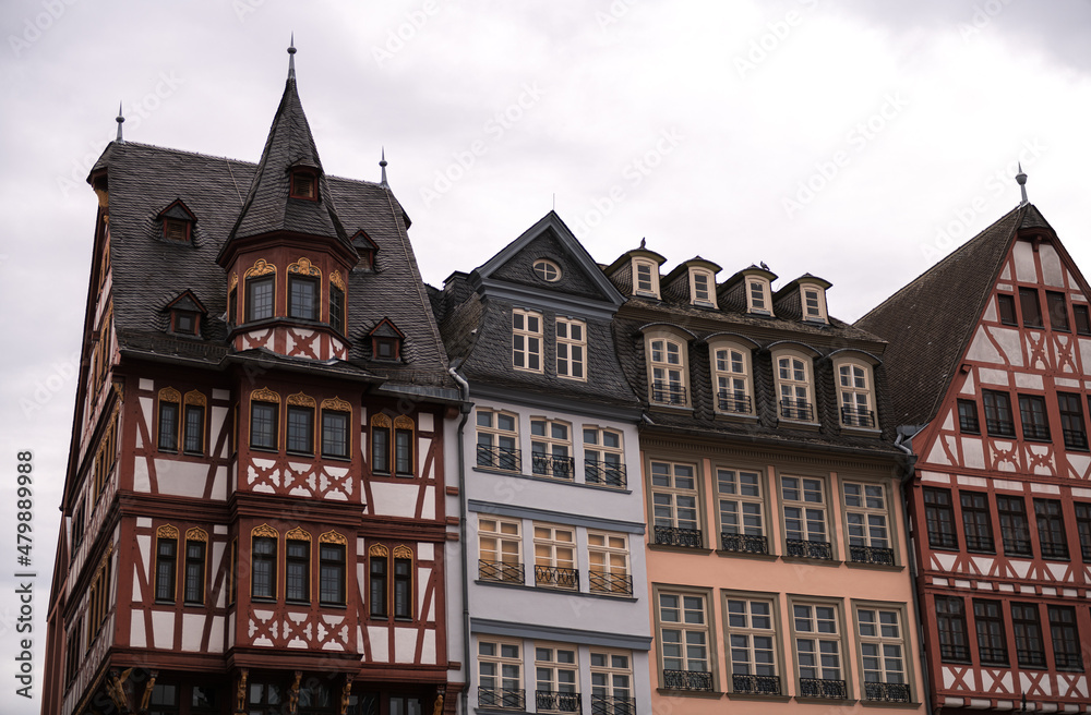 Old houses in Germany, photographed in the city center of Frankfurt. Timbered houses architecture.