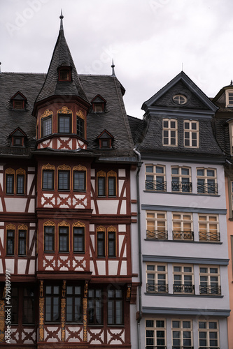 Old houses in Germany, photographed in the city center of Frankfurt. Timbered houses architecture.