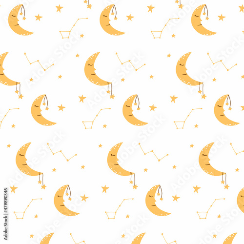 Vector seamless pattern with moon and stars. Childish pattern with constellations and the moon.