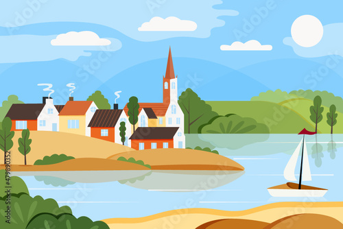 Summer landscape. Houses on riverbank among trees and shrubs against blue sky with clouds, sun and mountains in background. Boat with white sails floats on water. Vector illustration in flat style.