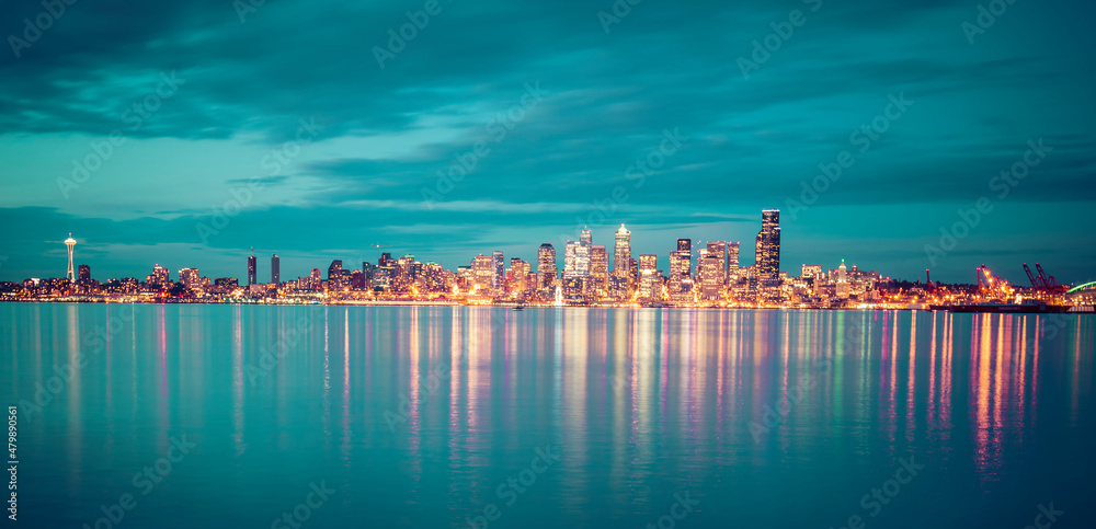 Seattle  City Skyline with  reflection in water,seattle,washington,usa.