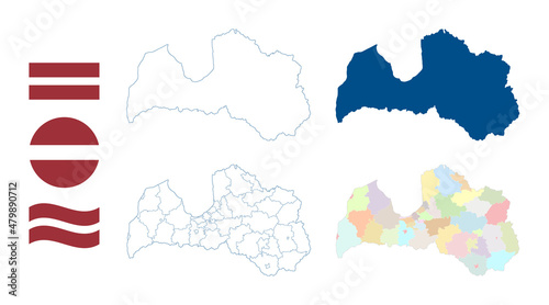 Latvia map. Detailed blue outline and silhouette. Administrative divisions and municipalities force on 1 July 2021. Country flag. Set of vector maps. All isolated on white background.