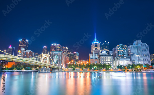pittsburgh,pennsylvania,usa : 8-21-17. pittsburgh skyline at night with reflection in the water.