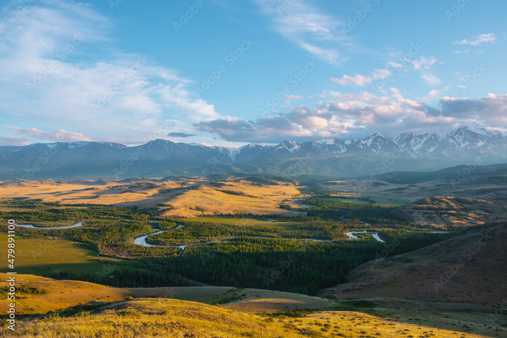 Scenic sunny view from sunlit grassy hill to forest valley with serpentine river against high snowy mountain range in sunlight. Beautiful snake mountain river in forest and snow mountains in sunshine.