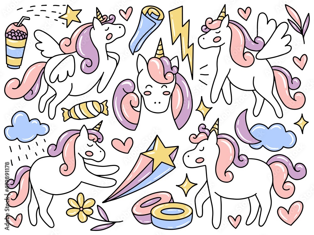 Fototapeta premium Unicorn Doodle Clip Art Collection