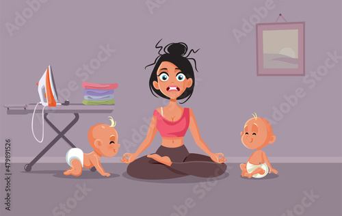 Stressed Mom of Twins Trying to Relax Vector Cartoon Illustration